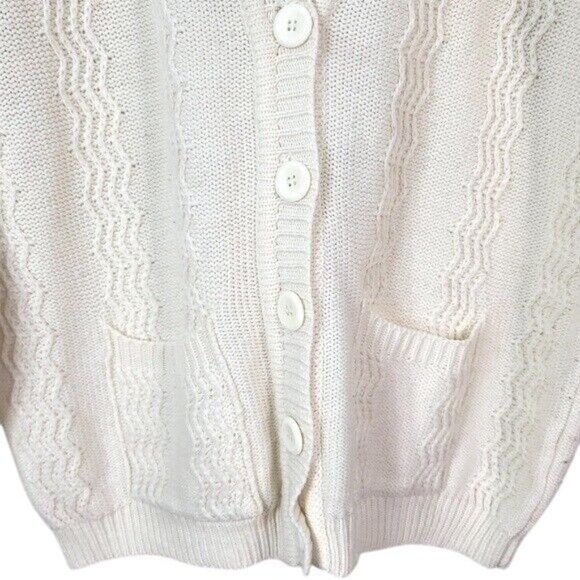 Plymouth! Womens Sweater Cardigan Cream Medium V Neck Pockets Long Sleeve VTG - Picture 3 of 6